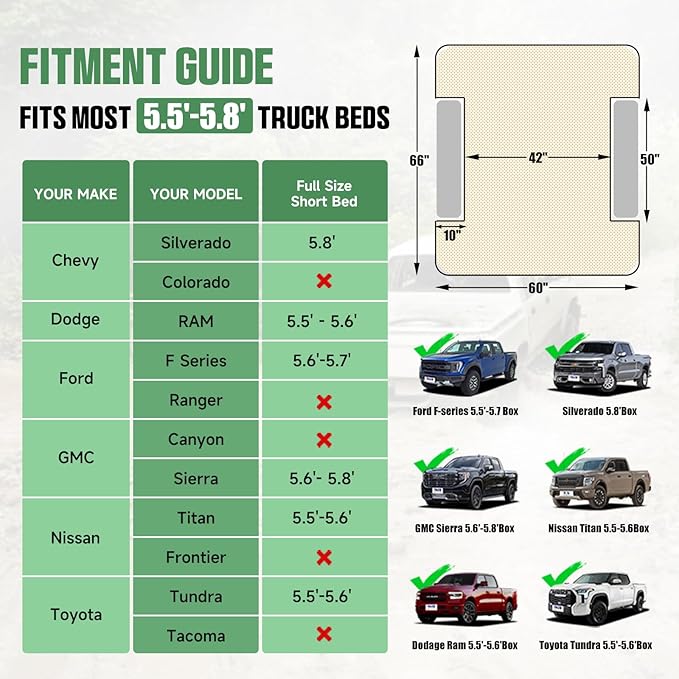 Truck Bed Air Mattress, Full Size Truck Beds, Inflatable Air Mattress with Air Pump 2 Pillows, Carry Bag, Pickup Bed Mattress for Chevrolet Silverado, Dodge Ram, Ford, Green