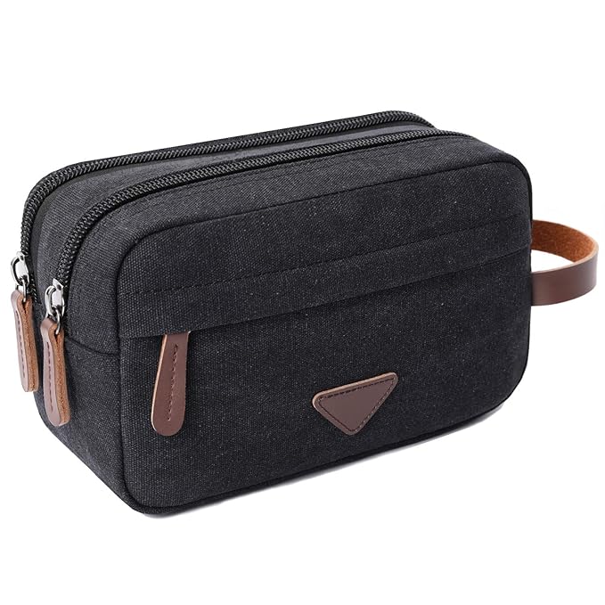 Mactso Mens Travel Toiletry Bag Canvas Leather Cosmetic Makeup Organizer Shaving Dopp Kits with Double Compartments (Black)