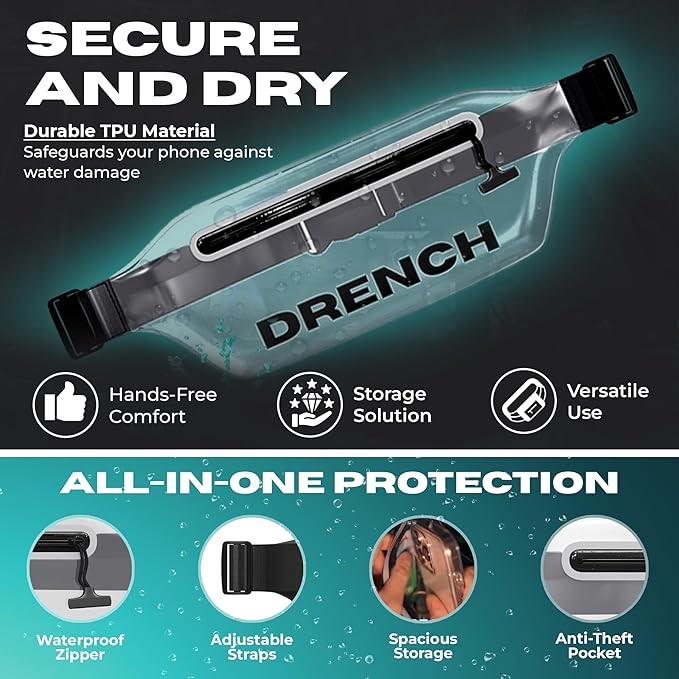 DRENCH 100% Waterproof Bag, Touchscreen Fanny pack, Transparent Cell Phone Case for Beach Essentials, IPX8 Underwater Pouches with Convertible Straps for Swimming and More, Fits iPhone Pro Max 15 SUP