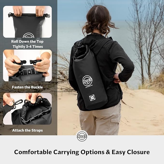 STOVER 5/10/25/30/40/55L Waterproof Dry Bag, Small Lightweight Roll Top Dry Bag Backpack w/Waterproof Phone Case, Kayaking, Travel, Hiking, Fishing, Tubing, Camping, the Beach, Men/Women (Black)