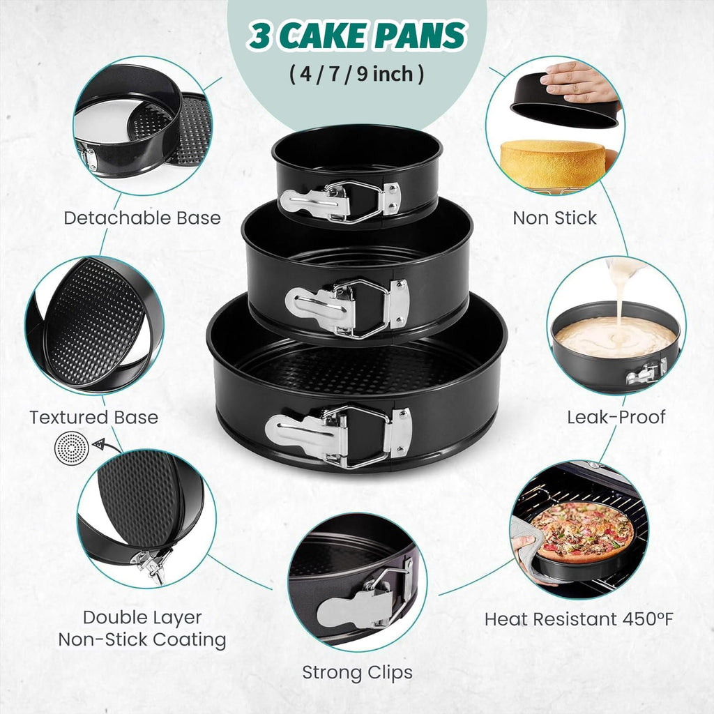 SHIKORI Cake Pan Set for Baking, Non-Stick Springform Pans Set of 3 (4, 7, 9 inch), Round Cake Pans,Cheesecake Pan, Leak-Proof Cake Pans with Removable Bottom-Black 3 Pcs