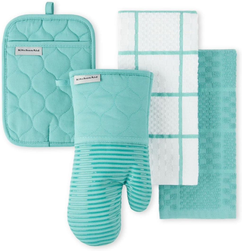 KITCHENAID Quilted Cotton Terry Cloth Oven Mitt, Pot Holder, Kitchen Towel 4-Pack Set, Heat Resistant, Silicone Grip, 16"x26", 7"x13" & 7"x10", Aqua Sky