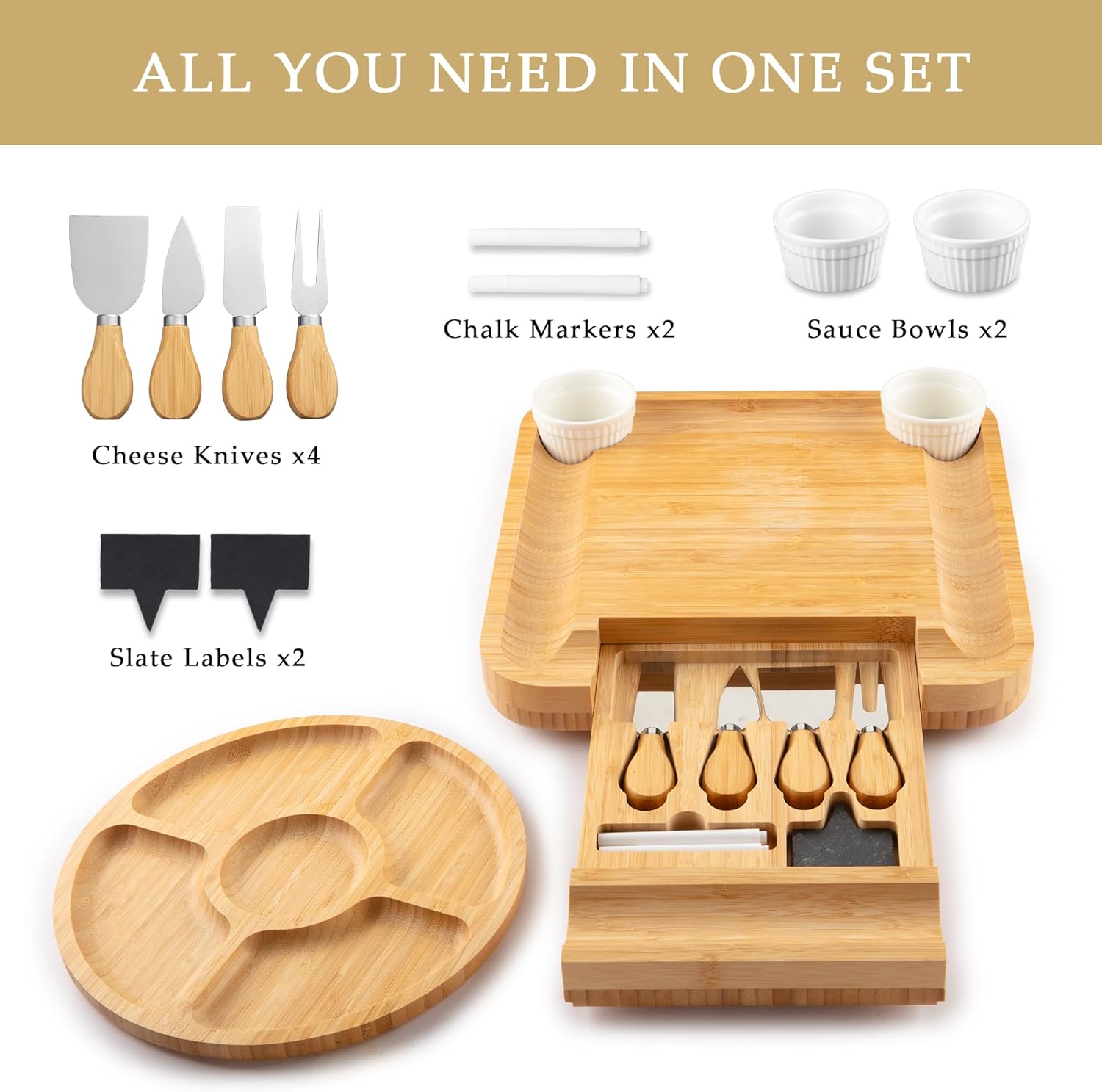 Zulay Kitchen Premium Bamboo Cheese Board Set - Extra Thick Bamboo Charcuterie Board Set with 4 Piece Knife Set - Wooden Cheese Board is Perfect for Charcuterie, Wine and Cheese (Party Set) - Icon