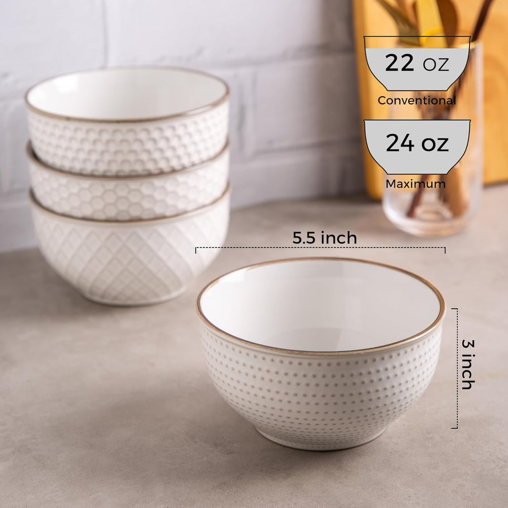 GBHOME Stoneware Cereal Bowls Set of 4, 24 oz Ceramic Soup Bowls with Texture Patterns for Soup,Oatmeal, Snacks, Perfect Bowls for Wedding, House-warming Gift-Off White
