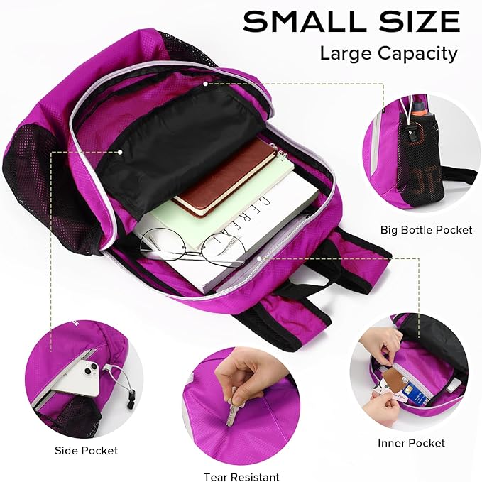 15L Water-resistant Hiking Daypack, Small Backpack Travel Outdoor, Lightweight Day Pack with Tool Loops