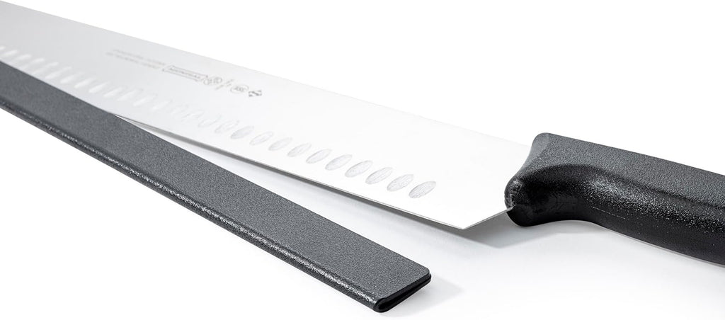 Mundial 16-Inch Carbon Stainless Steel Cheese Slicer Knife – Double Handle, Granton Edge for Non-Stick Cutting, Includes Safety Sleeve Protector, Ideal for Blocks of Cheese