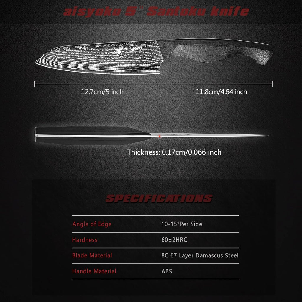 Santoku Knife 5" inches-Japan 8C Super Steel 67 Layer Damascus Steel-Sharp Kitchen Knife-Full Tang ABS Anti-Skid Handle utility knife Cooking Knife with Luxury Gift Box