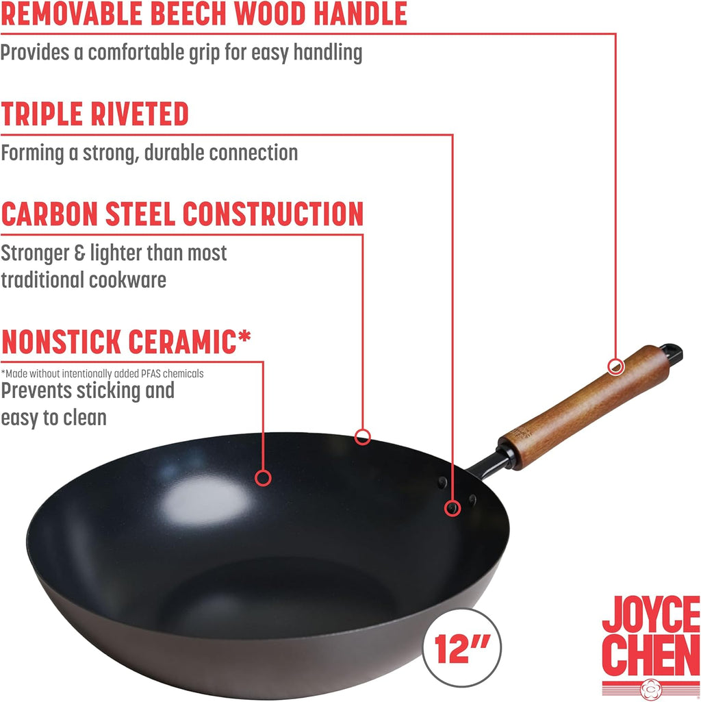 JOYCE CHEN Classic Series 12-Inch Ceramic Nonstick Carbon Steel Stir Fry Pan
