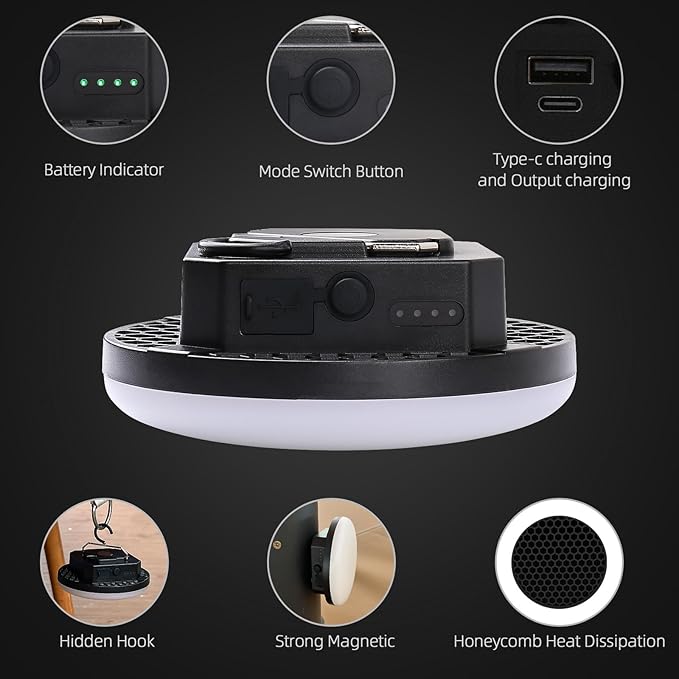 10000mAh Rechargeable Tent Light 3 Lighting Modes, 4000LM LED Portable Camping Lantern, IPX5 Waterproof, 30W Hanging Tent Light with Magnet, for Emergency & Gift