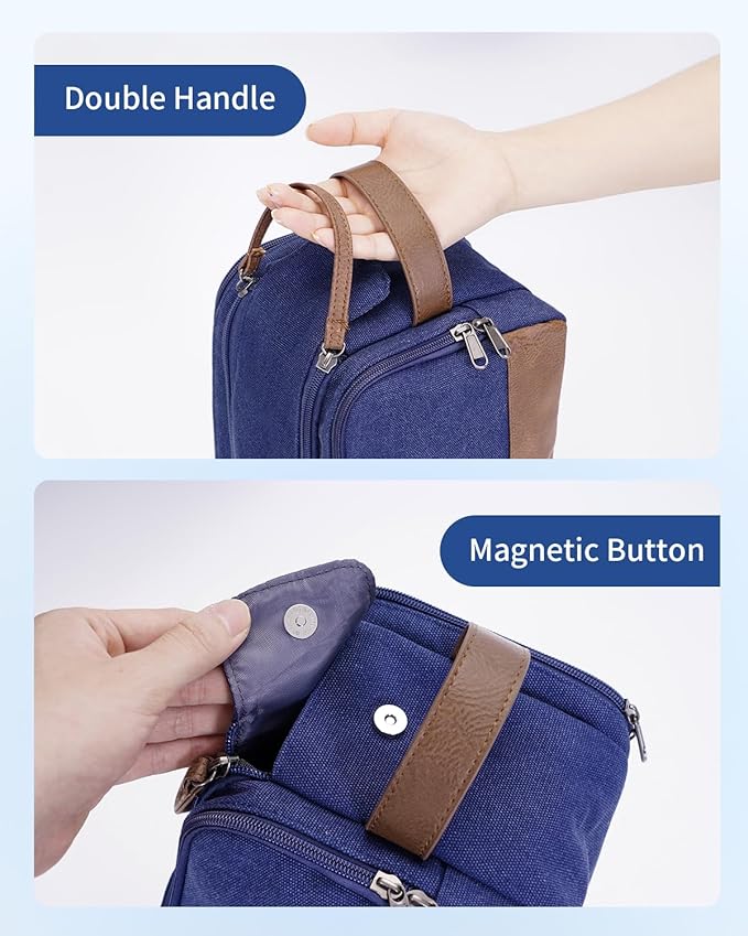 WANDF Toiletry Bag for Men Travel Toiletry Organizer Canvas and Leather Dopp Kit Water-Resistant Shaving Bag for Travel Accessories (Blue, Patent Pending)