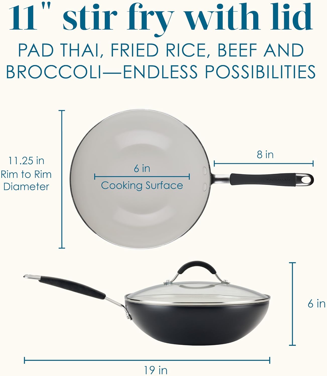 Rachael Ray Cucina Ceramic Nonstick Stir Fry Pan and Lid, 11 Inch Non Stick Wok Pan, Dishwasher Safe - Peppercorn