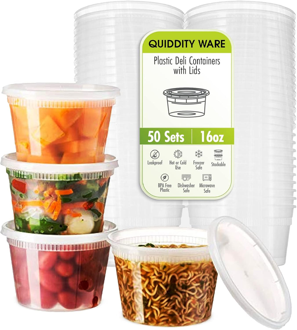 16oz-Deli Containers with Lids Leakproof - 50 Pack BPA-Free Plastic Microwaveable Clear Food Storage Container Premium Heavy-Duty Quality, Freezer & Dishwasher Safe