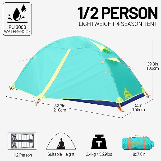 Himalaya 1/2 Person Camping Tent, 4 Season Tent Backpacking Winter Tent Waterproof Windproof Lightweight Portable PU5000 for Outdoor Camping Cold Weather Hiking Mountaineering