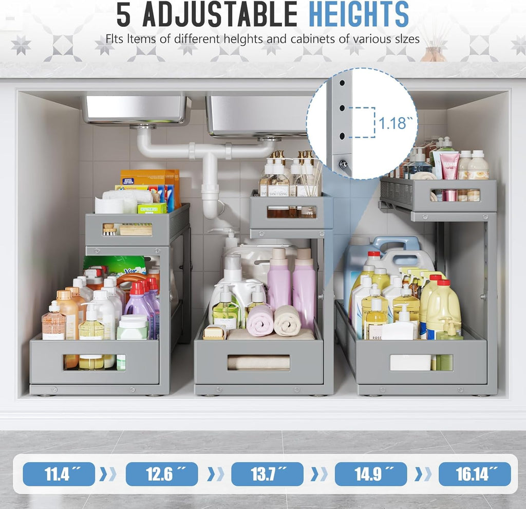 1 Pack 20.47IN Depth Under Sink Storage Organizer, Large 2-Tier Elegant Mesh Pull Out Shelf for Kitchen and Bathroom Cabinet Organization, L-Shaped and Adjustable Height Design-Gun Gray