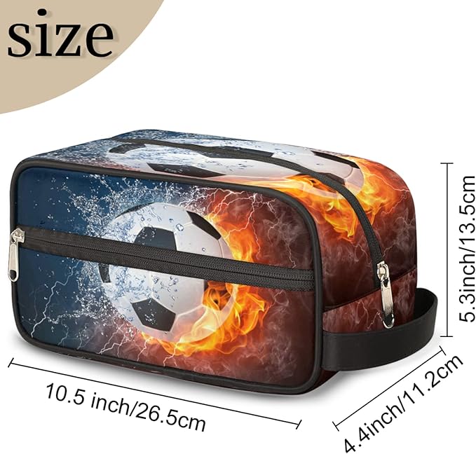 Fire Soccer Ball Portable Travel Toiletry Bag, Ice Fire Football Dopp Kit Cosmetic Organizer Makeup Bag Shower Shaving Bag for Men Women