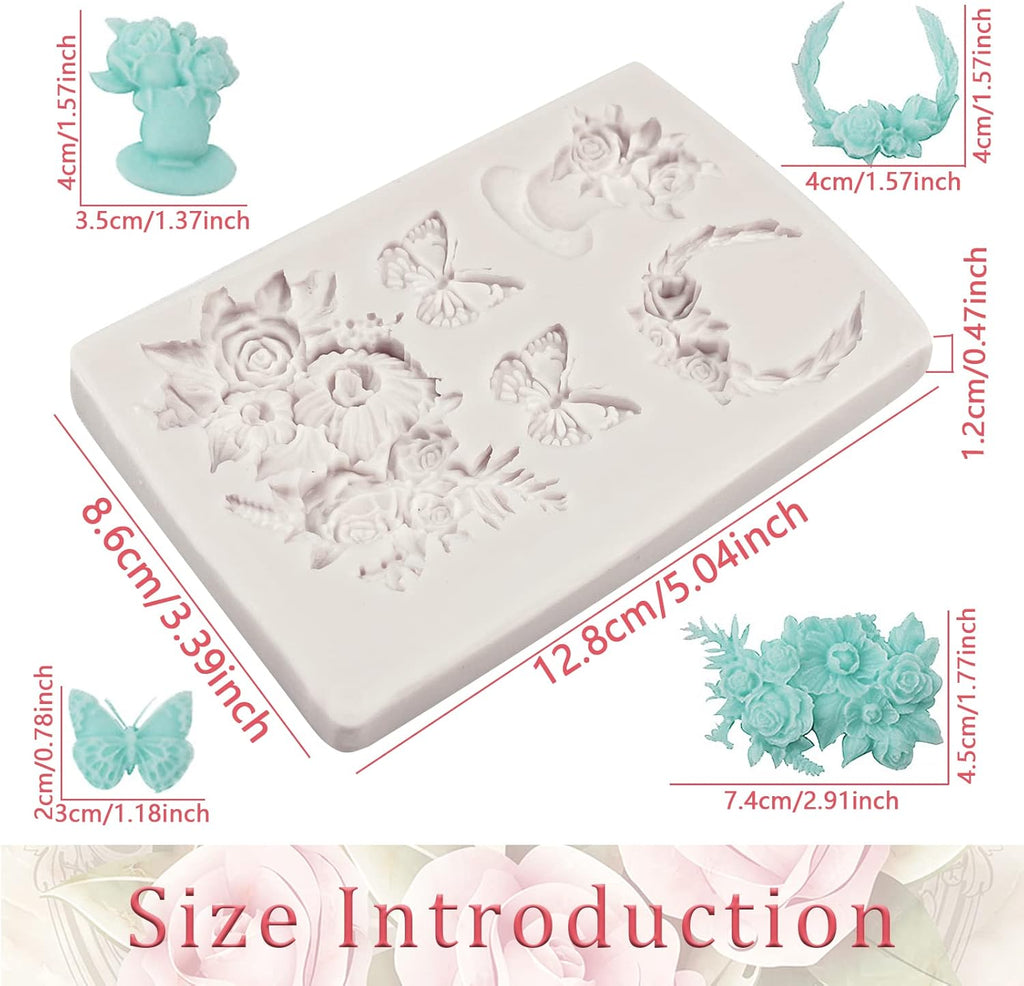 Rose Fondant Molds, Flower Pot Bouquet Butterfly Chocolate Cake Decorating Silicone Molds for Cupcake Topper, Candy, Sugar Craft, Floral Paste, Mousse, Gum Paste, Epoxy Resin, Polymer Clay, Home Decor
