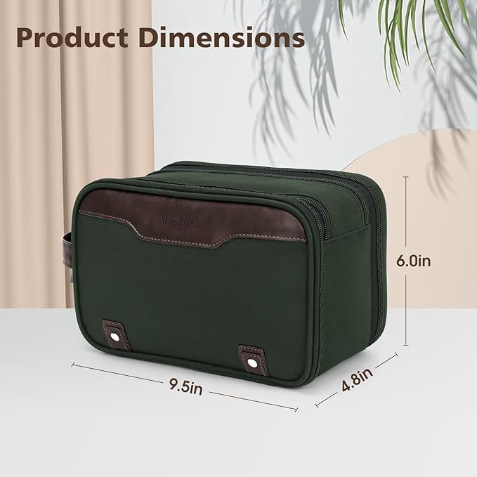 Wedama Toiletry Bag for Men, Medium Hanging Travel Toiletry Bag, Extra Electronic Organizer Bag Waterproof Shaving Bag for Toiletry with PU Handle for Travel Business Trips Swim Camping, Green+ Brown