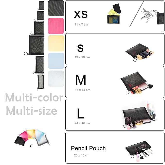 Patu Mini Zipper Mesh Bags, 4" x 5", Size S / A7, 5 Pieces, Beauty Makeup Lipstick Cosmetic Accessories Organizer, Small Travel Kit Storage Pouch, Assorted Colors