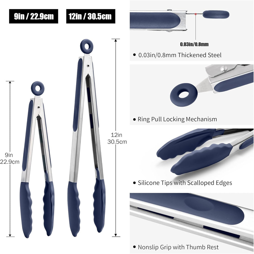 Doosu Kitchen Tongs Set for Cooking: 600°F Heat-Resistant Silicone Food Tong, Stainless Steel Locking Tongs for BBQ (9+12in, Blue)