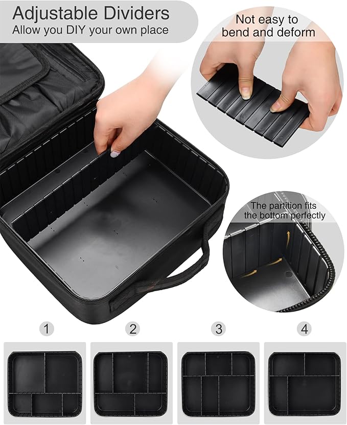 Relavel Makeup Bag, Makeup Organizer Bag Travel Train Case Portable Cosmetic Artist Storage Bag with Adjustable Baffle for Makeup Brush Jewelry (Black)