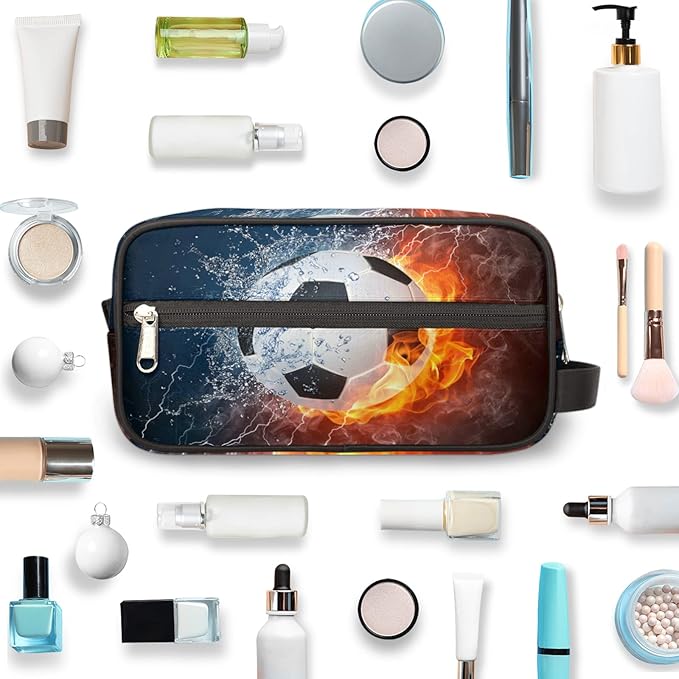 Fire Soccer Ball Portable Travel Toiletry Bag, Ice Fire Football Dopp Kit Cosmetic Organizer Makeup Bag Shower Shaving Bag for Men Women