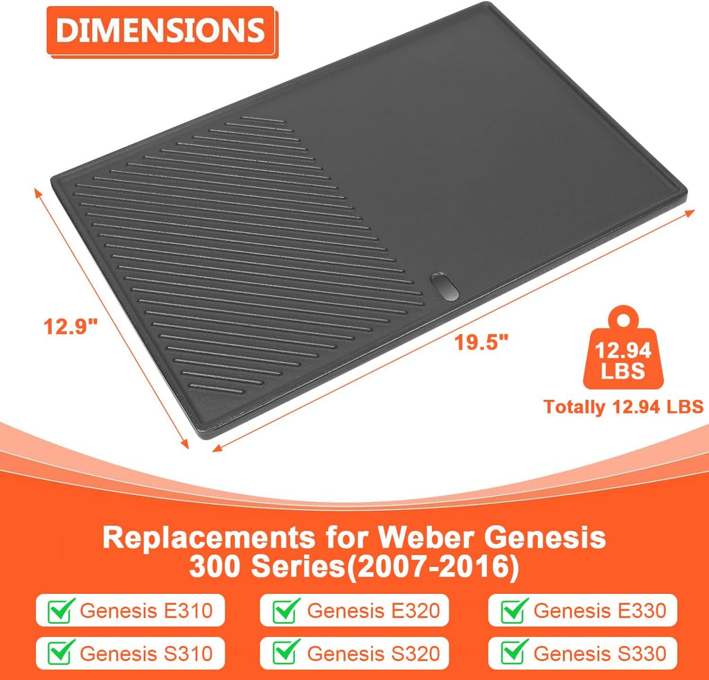 7566 Cast Iron Griddle for Weber Genesis 300 Series Grills – Compatible with Genesis E310, E320, E330, Cast Iron Reversible Griddle Plate Replacement for Weber 7524, 1 Pack
