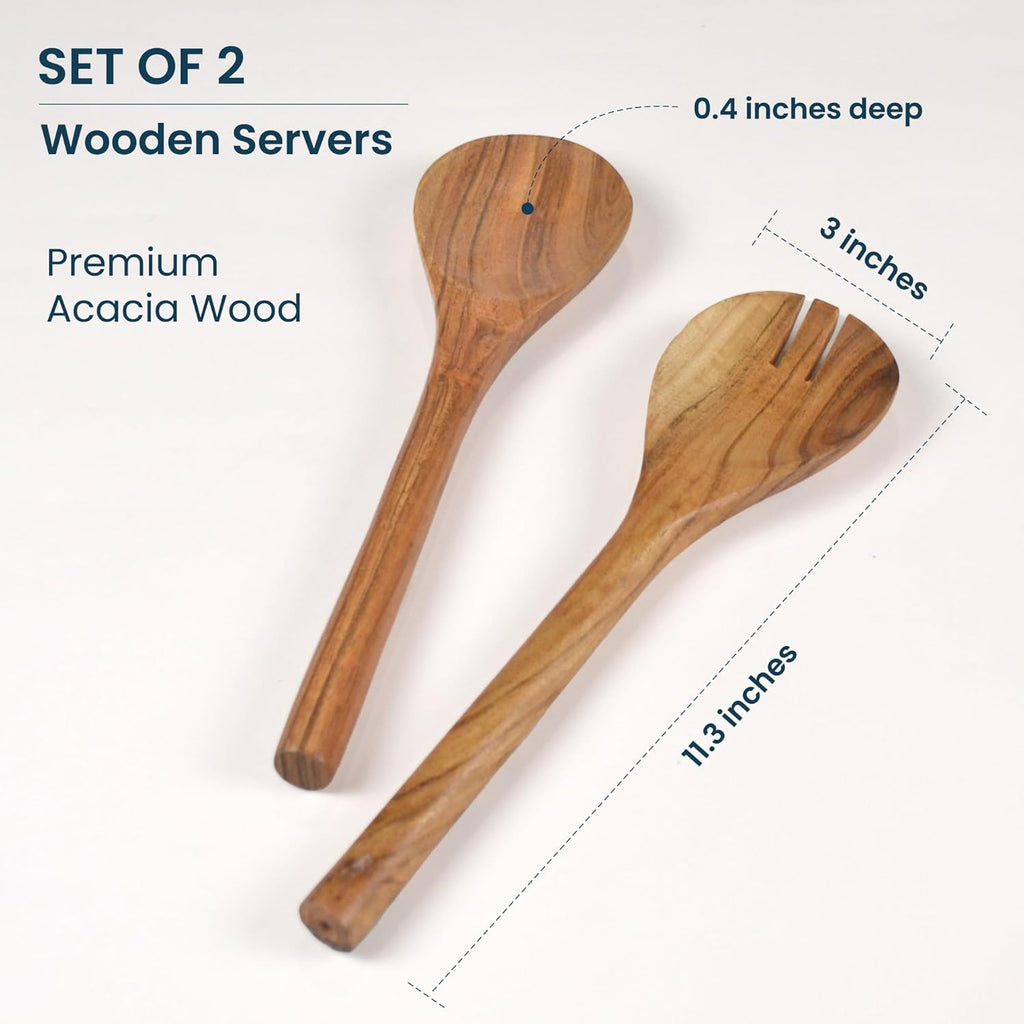 The Fine Living Co. Acacia Salad Servers, 11 Inches Wooden Spoon, Handcrafted Kitchen Utensils for Mixing, Tossing, Cooking (2-Piece Set, Natural)