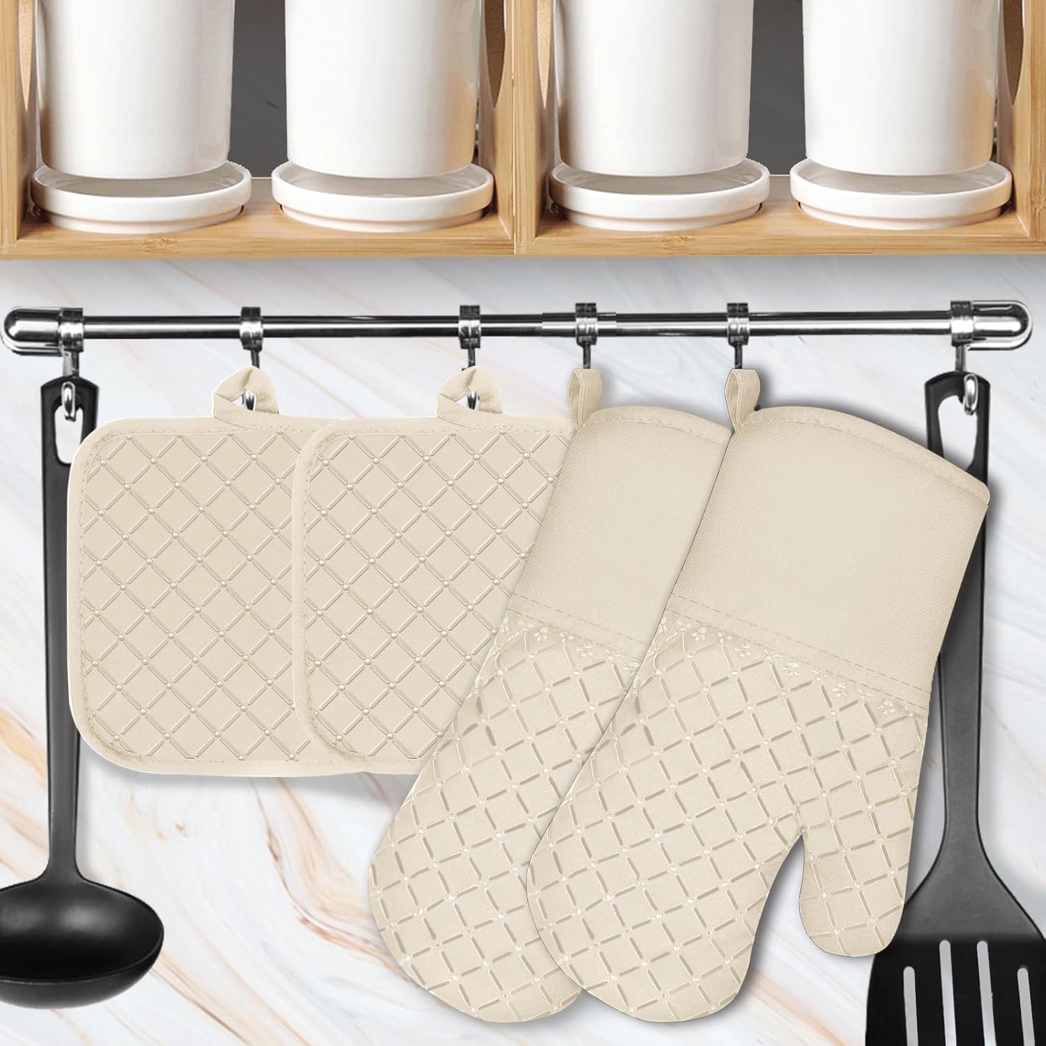 4PCS Oven Mitts and Pot Holders Sets 500°F Pot Holders for Kitchen Heat Resistant Oven Gloves Anti-Slip Silicone Stripe Oven Mitts Heat Resistant Hot Pads Oven Mits Potholders for Kitchens (Khaki)