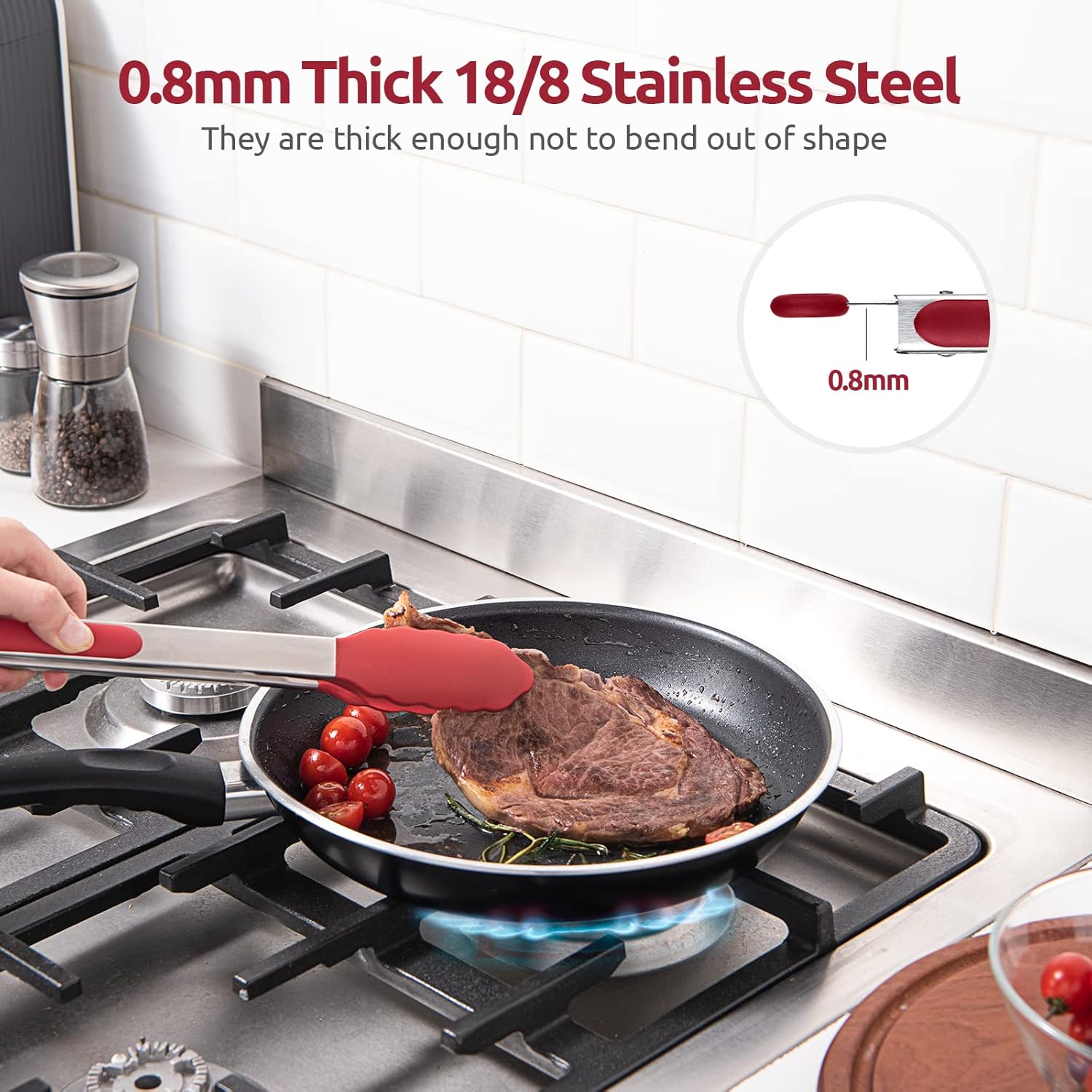 600ºF Heat Resistant Kitchen Tongs: U-Taste 12 inch Large Silicone Cooking Tong with Sturdy Non Stick Rubber Tips & Silicon Coated 18/8 Stainless Steel Handle & Smooth Locking for Serving Grill (Red)