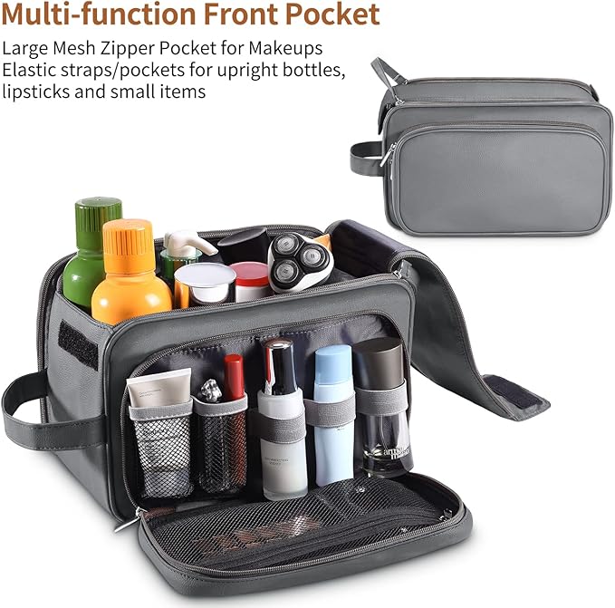 Buruis Extra Large Toiletry Bag for Men, Travel Toiletry Organizer Dopp Kit Water-resistant Shaving Bags, PU Leather Cosmetic Bathroom Shower Bag for Toiletries, Grooming, Accessories (Grey)