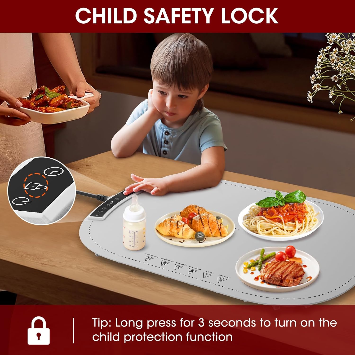 Warming Mat for Food, MQUPIN Food Warming Mat with 7 Temp Settings 1-4 H Timer and Child Safety Lock, Full Surface Heating Roll Up Electric Warming Tray for Gatherings,Parties,Buffet,Daily Use（Gray）