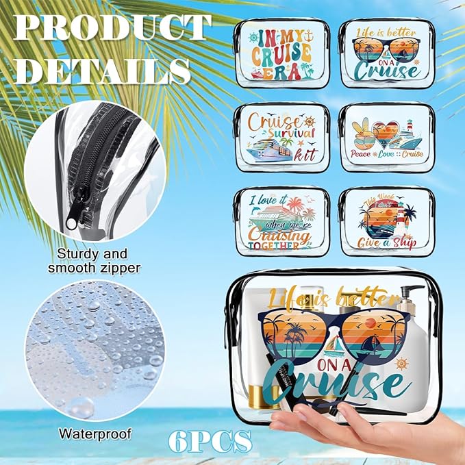 6 Pcs Clear Cruise Makeup Bags Gifts, Cruise Essentials Beach Cosmetic Bag for Women, Cruise Ship Survival Kits, Travel PVC Waterproof Toiletry Bags for Girls Sister Daughter Nurse Teacher