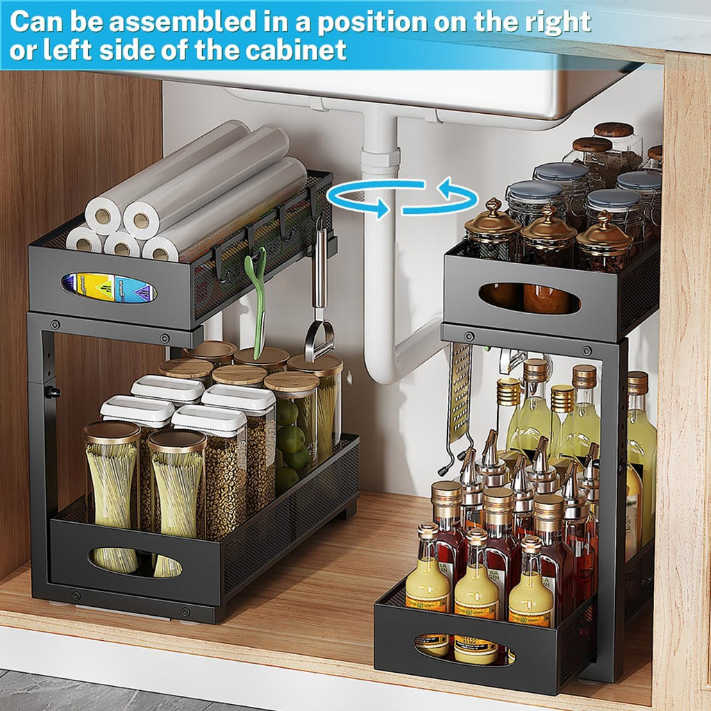 2-Tier Under Sink Organizer with Pull-Out Mesh Drawers, Adjustable Height Cabinet Storage for Kitchen/Bathroom/Laundry, Space-Saving Sliding Shelves (Black)