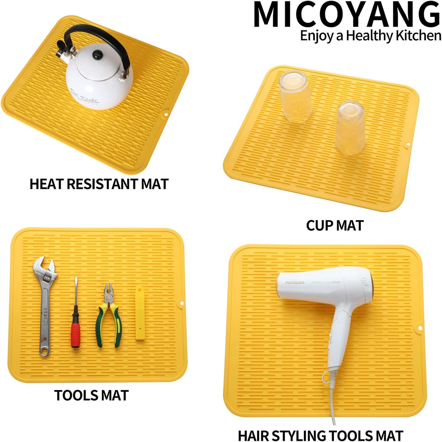 Silicone Dish Drying Mat for Multiple Usage,Easy clean,Eco-friendly,Heat-resistant Silicone Mat for Kitchen Counter or Sink,Refrigerator or Drawer Liner Yellow XL 18 inches x 16 inches