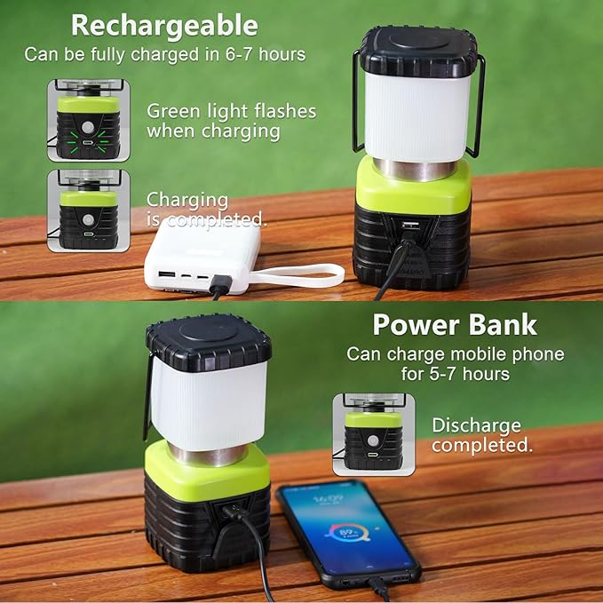 2PCS 3200K Warm Light LED Camping Lantern Rechargeable 1000LM, 4500mAh Power Bank, Flashlight for Hurricane Emergency, Hiking, IP44 Waterproof Lantern(Green)
