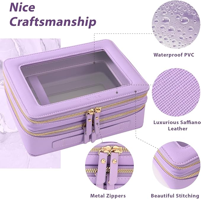 Aveniee Clear Makeup Bags, Double Layer Cosmetic Bags with a Separate Brush Compartment, Large Travel Toiletry Bag Train Case for Women, Travel Accessories Organizer(2 Layers Large, Lilac)