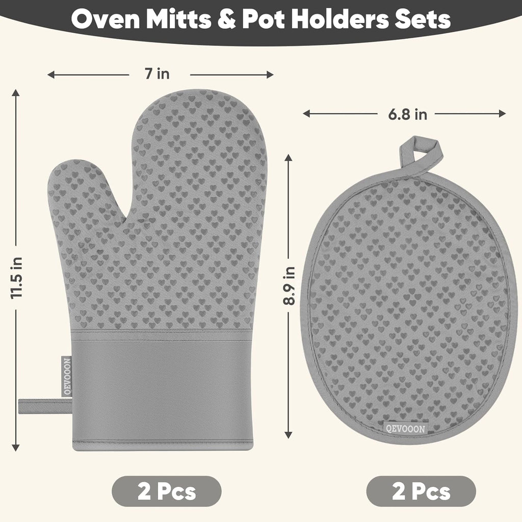 Oven Mitts and Pot Holders 4 Sets, Heat Resistant 500 ℉ Oven Mitt and Pot Holder,Oven Glove&Potholders with Non-Slip Silicone Surface,Kitchen Essentials for Cooking/Baking/BBQ-Grey
