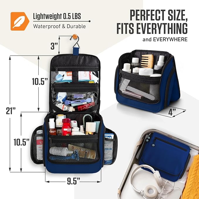 VENTURE 4TH Hanging Travel Toiletry Bag for Women & Men - Travel Organizer with Expandable Compartments & Removable Clear Pouch for Toiletries (Navy Blue)