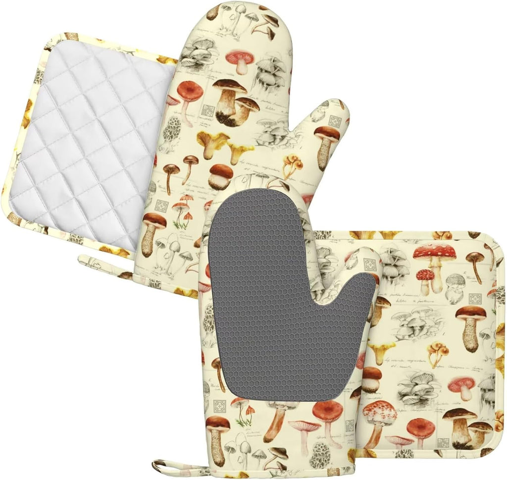 Mushroom Oven Mitts and Pot Holders Sets Silicone Vintage Mushrooms Kitchen Mitts Potholders Heat Resistant 4Pcs Oven Gloves Hot Pads for Kitchen Baking Cooking BBQ Grilling