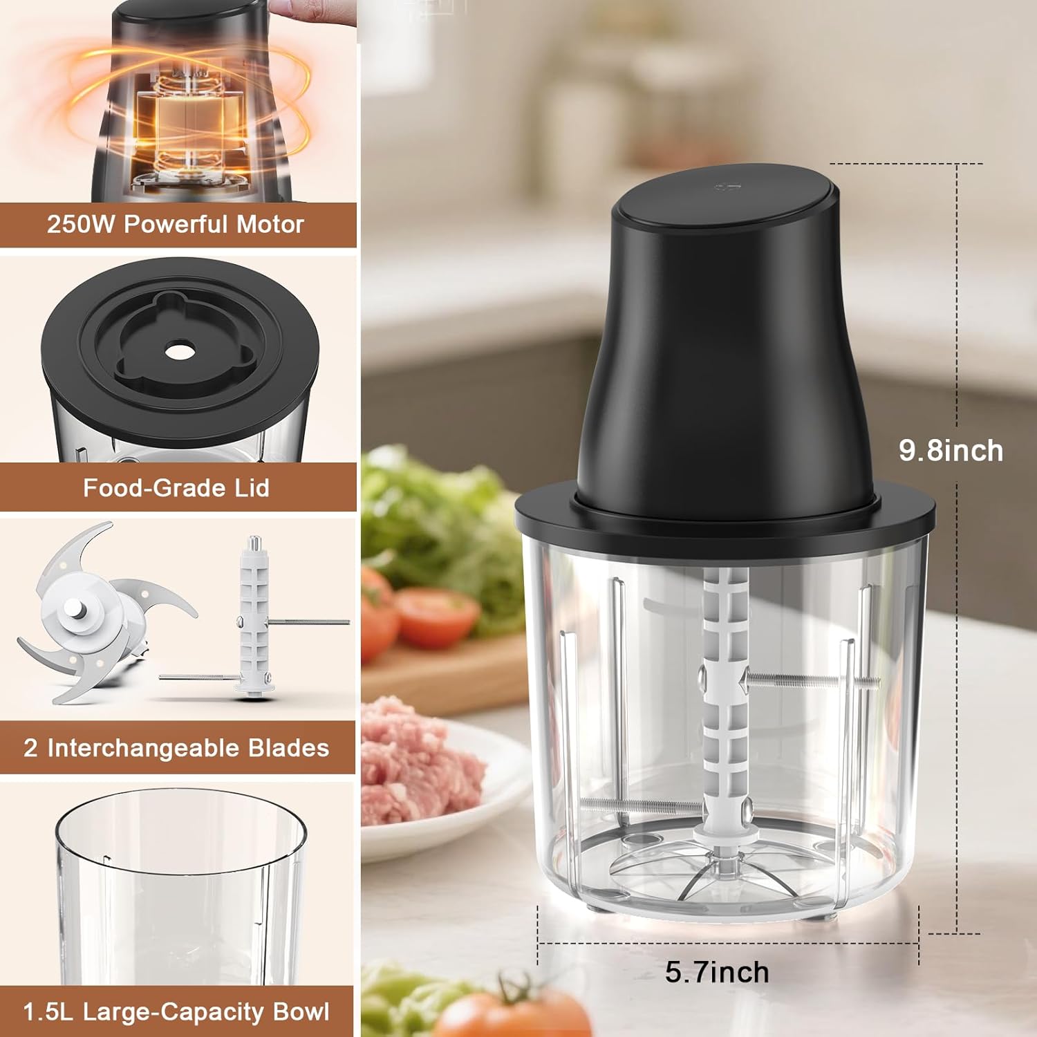 2-in-1 Electric Chicken Shredder & Meat Grinder, 250W Powerful Motor, Dual Blades for Shredding & Grinding, 1.5L BPA-Free Bowl, One-Touch Food Processor for Baby Food, Pet Meals, Fitness Meal Prep