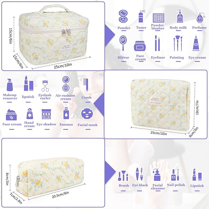 Makeup Bag Set, Quilted Makeup Bag, Large Floral Cosmetic Bag for Women, Cute Cotton Makeup Bag, Flower Travel Toiletry Organizer Bag (Yellow Daylily)