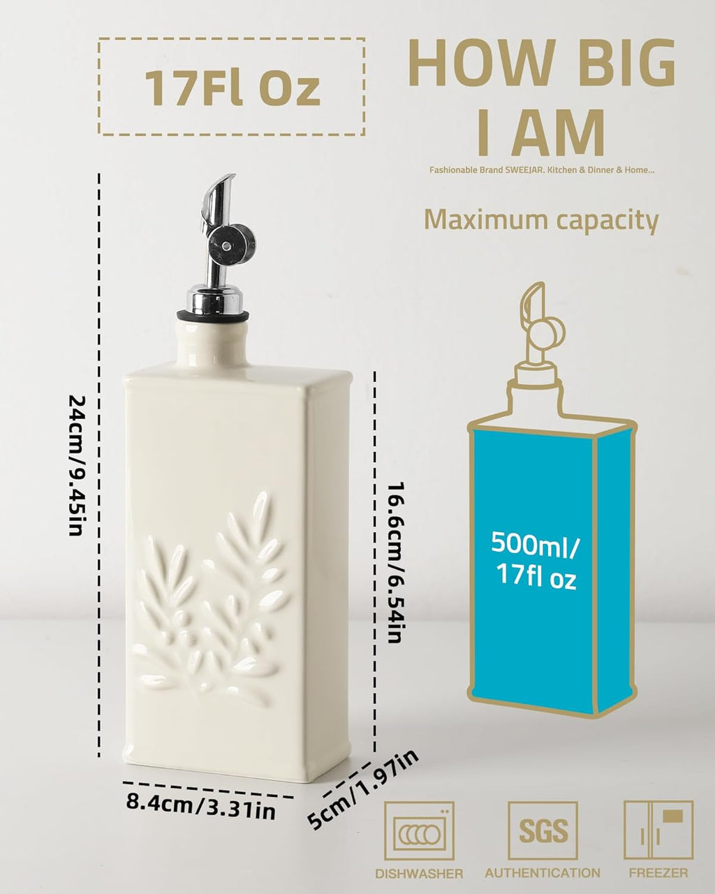Sweejar Ceramic Olive Oil Dispenser Bottle for Kitchen, 17 Oz Relief Opaque Oil and Vinegar Dispenser Bottle with Spout, Suitable for Soy Sauce, Coffee Syrup, Liquids (Beige)