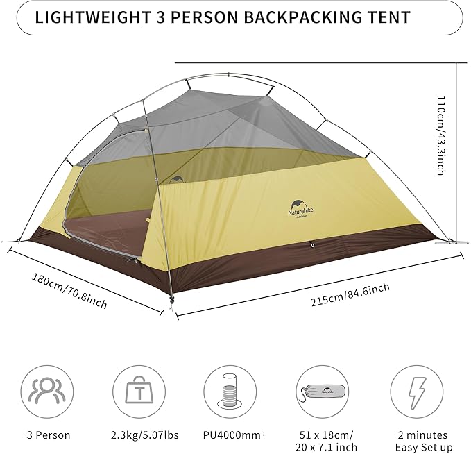 Naturehike Cloud-Up 3 Person Lightweight Backpacking Tent with Footprint - 3 Season Free Standing Dome Camping Hiking Waterproof Backpack Tents
