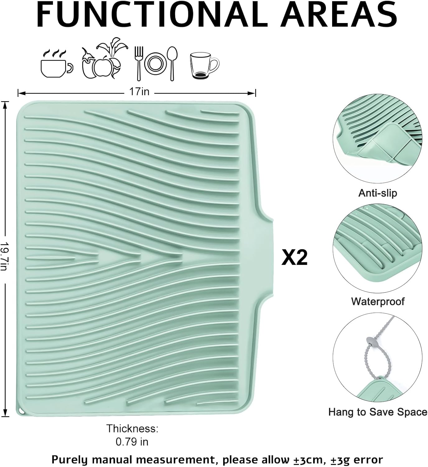 Dish Drying Mat, Stone Drying Mat for Kitchen Counter with Built-in Drain, Non-Slip Drying Matt Kitchen Counter, Heat Resistant Silicone Drying Mat, Dish Drying Pad, 2 Pcs (Mint 19.7" x 17")