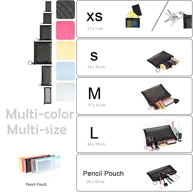 patu Zipper Mesh Bags, Long Case, 5 Pieces, Beauty Makeup Cosmetic Accessories Organizer, Travel Toiletry Kit Set Storage Pouch, Assorted Colors