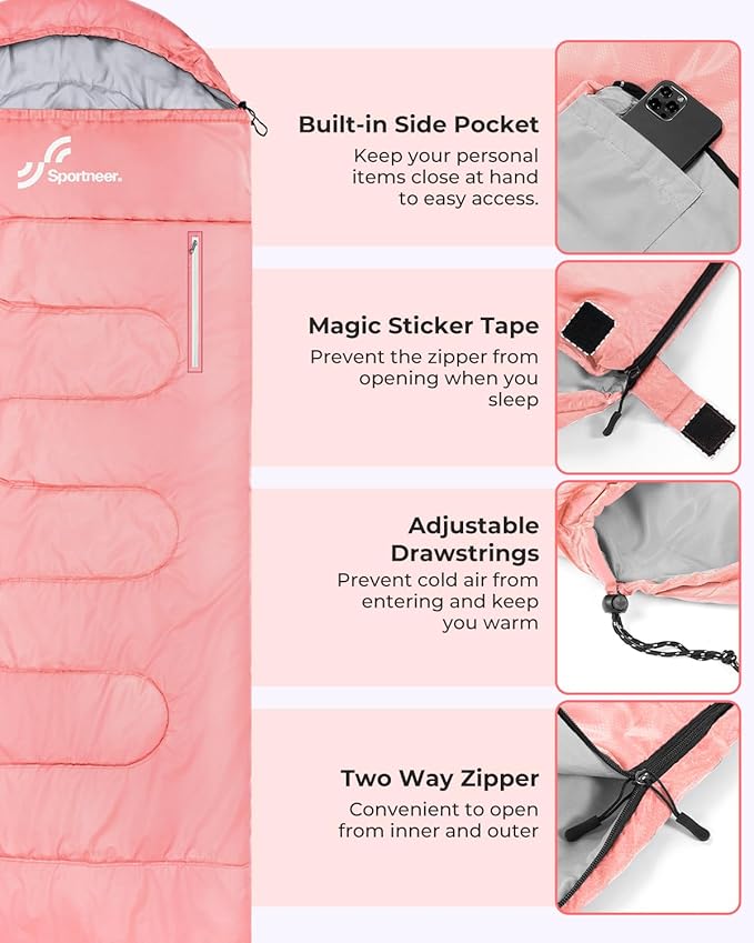 Sportneer Sleeping Bag - Wearable for Adults & Kids with Arm Zipper Holes in Cold & Warm Weather, Waterproof Portable Sleeping Bag for Camping, Hiking, Backpacking, Outdoor Travel