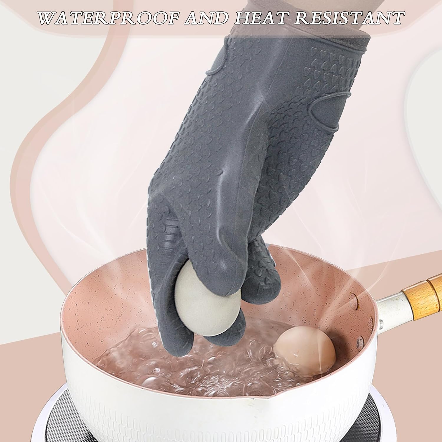 Oven Mitts with Fingers, Heat Resistant 500°F, Waterproof & Non-Slip Kitchen Gloves for Baking, Grilling, Cooking.5-Finger Design with Soft Lining, Hanging Hook,Gray