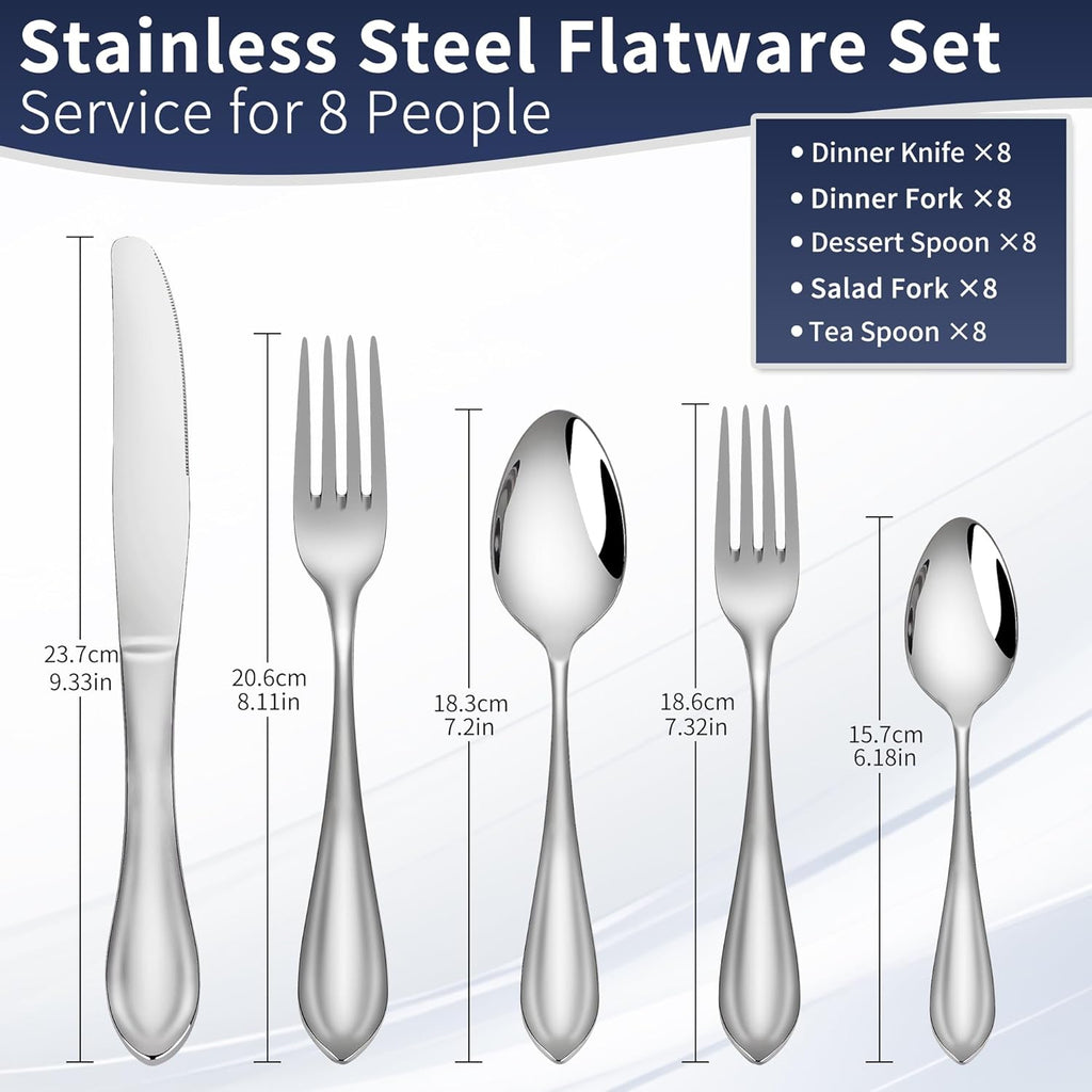 18/10 Stainless Steel Flatware, Heavy Duty Silverware Set for 8, Forged Thick Kitchen Silverware, Dishwasher Safe, Ideal for Gift
