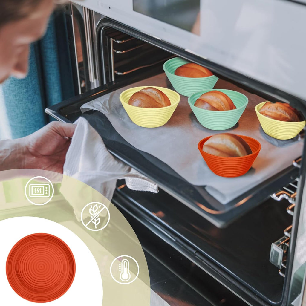 Silicone Banneton, Sourdough Bread Baskets (Set of 6, 5 Inch), Round Proofing Bread Bowls with Starter Kit, Bread Making Baking Supplies