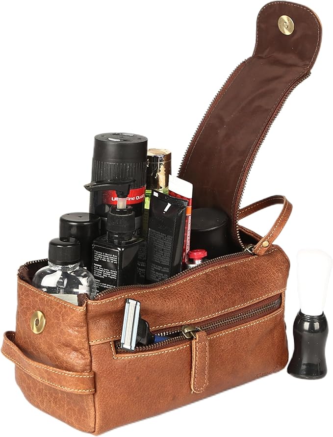 KomalC Premium Buffalo Leather Unisex Toiletry Bag Travel Dopp Kit